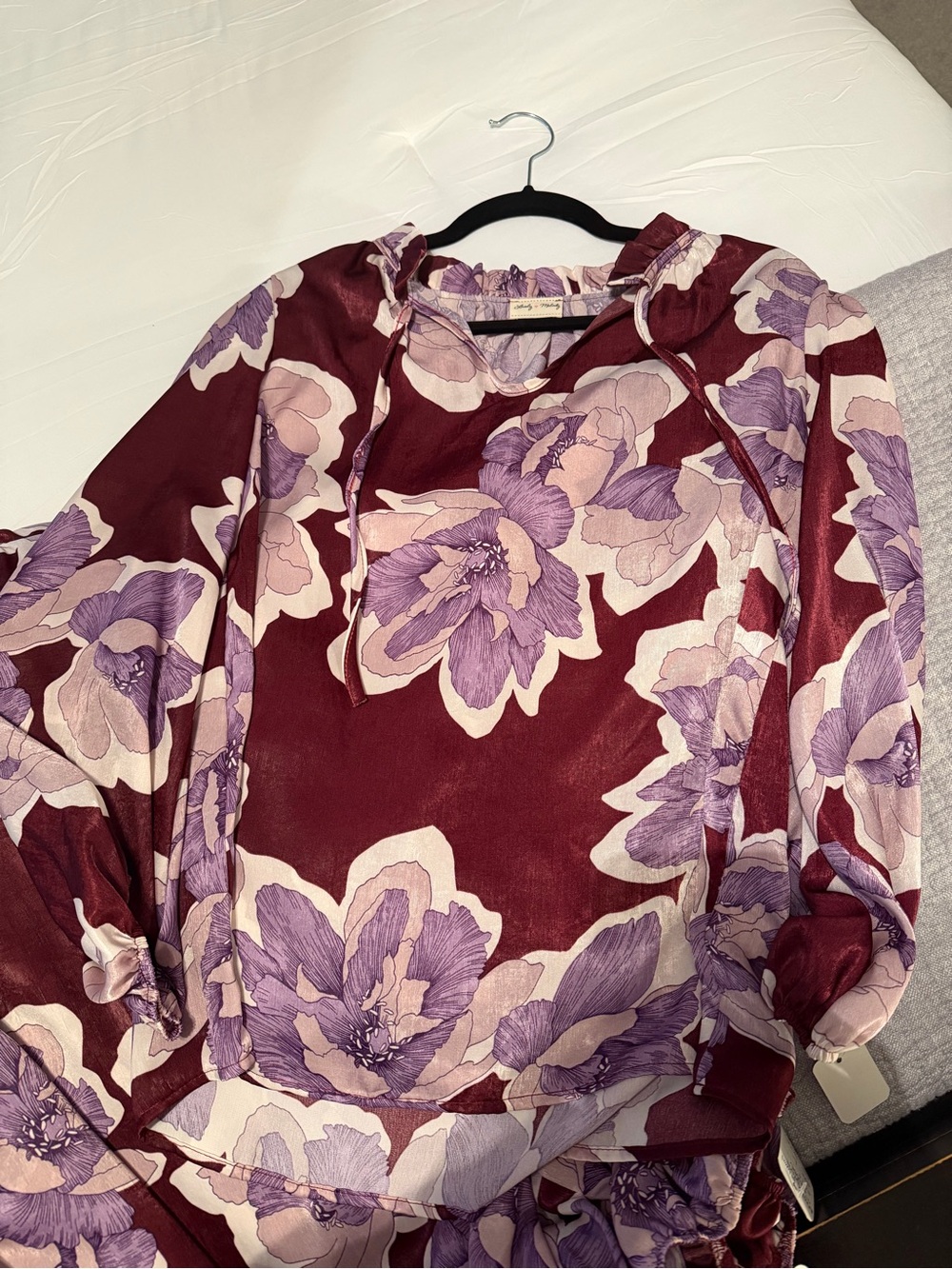 Lovely Melody Floral Tie-Neck Blouse - Burgundy & Lilac NWT